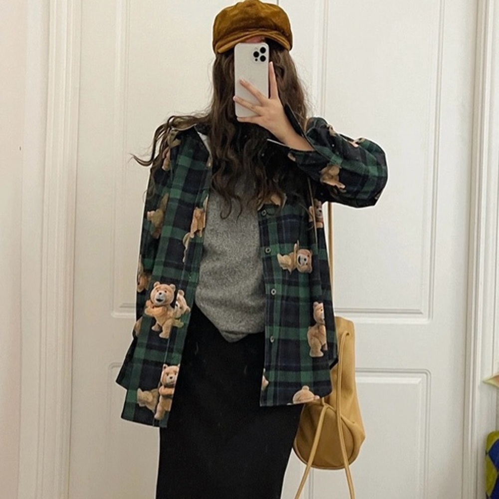 Green checked denim shacket with teddy bear from TED movie